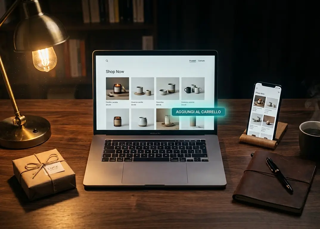 Portatile e telefono che mostrano lo stesso negozio online, con il pulsante di acquisto in evidenza